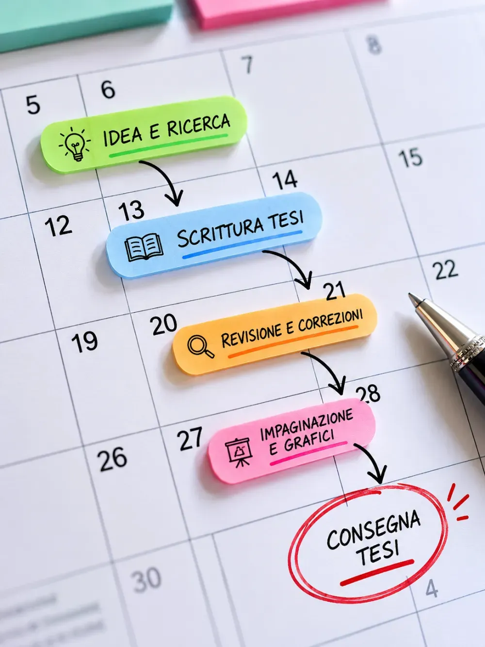 Calendario con le fasi della tesi: idea e ricerca, scrittura, revisione, impaginazione, consegna